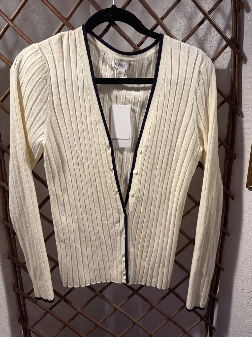 Nordstrom Cream Ribbed V-Neck Cardigan with Navy Trim